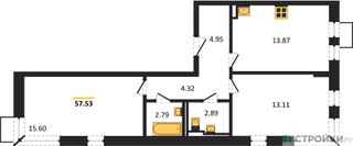 Планировка двухкомнатной(квартира) площадью 57.53 квадратных метров в “ЖК Егорово Парк”