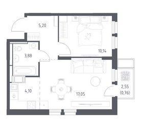 Планировка однокомнатной(квартира) площадью 41.13 квадратных метров в ЖК “ЖК Большое Путилково”