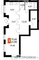 Планировка однокомнатной(квартира) площадью 61.88 квадратных метров в “ЖК Жаворонки Клаб”