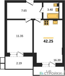 Планировка однокомнатной(квартира) площадью 42.25 квадратных метров в ЖК “ЖК Радость (Радумля Парк)”