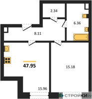 Планировка однокомнатной(квартира) площадью 47.95 квадратных метров в “ЖК Sezar City (Сезар Сити)”