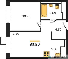 Планировка однокомнатной(квартира) площадью 33.5 квадратных метров в “ЖК Пригород Лесное”