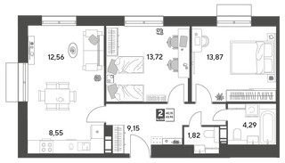 Планировка двухкомнатной(квартира) площадью 63.96 квадратных метров в “ЖК Публицист”