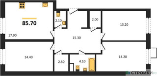 Планировка трехкомнатной(квартира) площадью 85.7 квадратных метров в “ЖК ЭкоБунино (Южное Бунино)”