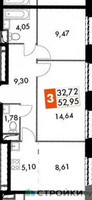 Планировка двухкомнатной(квартира) площадью 52.95 квадратных метров в “ЖК Движение. Говорово”