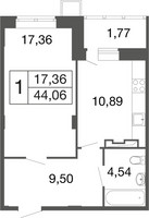Планировка однокомнатной(квартира) площадью 44.1 квадратных метров в “ЖК Времена года”