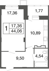 Планировка однокомнатной(квартира) площадью 44.1 квадратных метров в ЖК “ЖК Времена года”