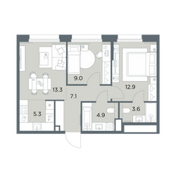 Планировка трехкомнатной(квартира) площадью 56.1 квадратных метров в ЖК “ЖК Станиславский”