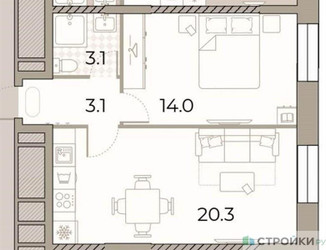 Планировка однокомнатной(квартира) площадью 40.5 квадратных метров в ЖК “ЖК ЗИЛАРТ”