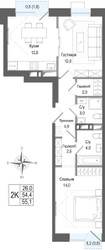 Планировка двухкомнатной(квартира) площадью 54.4 квадратных метров в ЖК “ЖК КИНОКВАРТАЛ”