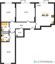 Планировка трехкомнатной(квартира) площадью 84.2 квадратных метров в ЖК “ЖК Ново-Молоково”
