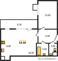 Планировка однокомнатной(квартира) площадью 53.5 квадратных метров в “ЖК Римский”