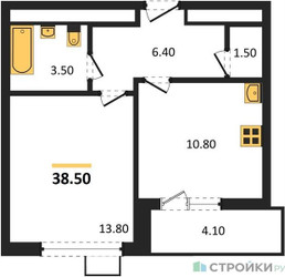 Планировка однокомнатной(квартира) площадью 38.5 квадратных метров в ЖК “ЖК 1-й Южный (Первый Южный)”