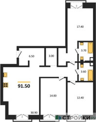 Планировка трехкомнатной(квартира) площадью 91.5 квадратных метров в ЖК “ДД:ОО:ММ. Дом на Часовой”