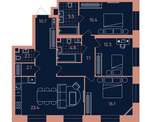 Планировка 4+ комнатной(квартира) площадью 99.5 квадратных метров в ЖК “Квартал Эра”