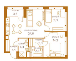 Планировка двухкомнатной(квартира) площадью 66.04 квадратных метров в “ЖК Champine (Шампайн)”