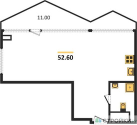 Планировка однокомнатной(апартаменты) площадью 52.6 квадратных метров в ЖК “ЖК Nametkin Tower (Наметкин Тауэр)”