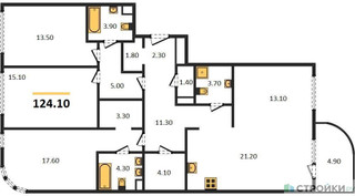 Планировка трехкомнатной(квартира) площадью 123.7 квадратных метров в “ЖК Shagal (Шагал)”