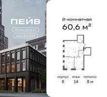 Планировка двухкомнатной(квартира) площадью 60.6 квадратных метров в “ЖК ПЕЙВ”
