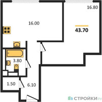 Планировка однокомнатной(квартира) площадью 43.7 квадратных метров в “ЖК Нагатино Ай-Лэнд”