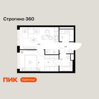 Планировка однокомнатной(квартира) площадью 38.4 квадратных метров в “ЖК Строгино 360”