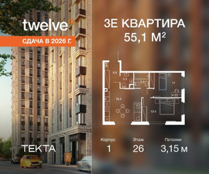 Планировка трехкомнатной(квартира) площадью 55.1 квадратных метров в ЖК “ЖК Твелв”