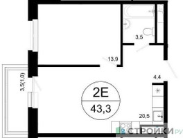 Планировка однокомнатной(квартира) площадью 43.3 квадратных метров в “ЖК Одинцовские кварталы”