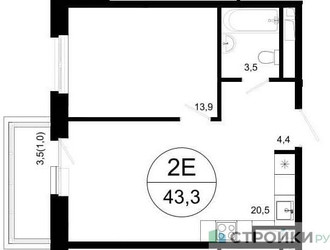 Планировка однокомнатной(квартира) площадью 43.3 квадратных метров в ЖК “ЖК Одинцовские кварталы”
