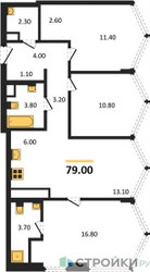 Планировка трехкомнатной(квартира) площадью 79 квадратных метров в ЖК “Акценты”