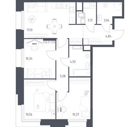 Планировка трехкомнатной(апартаменты) площадью 69.27 квадратных метров в ЖК “ЖК Апарт-отель Тропарево парк”