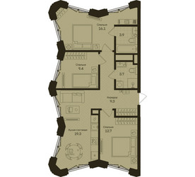 Планировка трехкомнатной(квартира) площадью 74.4 квадратных метров в ЖК “ЖК Дом на Часовой”