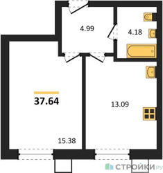 Планировка однокомнатной(квартира) площадью 37.64 квадратных метров в ЖК “ЖК Бархат”