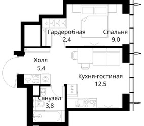 Планировка однокомнатной(квартира) площадью 33.1 квадратных метров в ЖК “ЖК Сити Бэй”