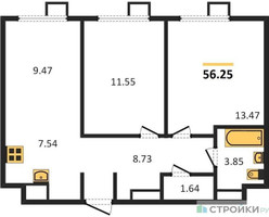 Планировка двухкомнатной(квартира) площадью 56.25 квадратных метров в “ЖК Апарт-отель Тропарево парк”