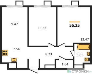 Планировка двухкомнатной(квартира) площадью 56.25 квадратных метров в “ЖК Апарт-отель Тропарево парк”