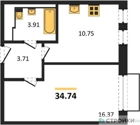 Планировка однокомнатной(квартира) площадью 34.74 квадратных метров в ЖК “ЖК Рублевский Квартал”
