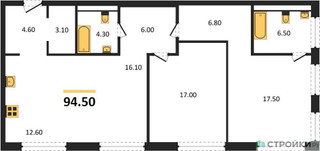 Планировка двухкомнатной(квартира) площадью 95 квадратных метров в “Роскошный квартал Life Time”