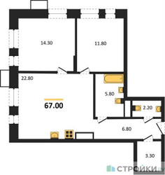 Планировка двухкомнатной(квартира) площадью 67 квадратных метров в ЖК “ЖК Первый Московский”