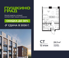 Планировка студии(квартира) площадью 29.3 квадратных метров в “ЖК Пушкино Град”