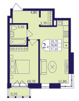 Планировка двухкомнатной(квартира) площадью 37.1 квадратных метров в “ЖК Героев”