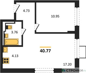 Планировка однокомнатной(квартира) площадью 40.77 квадратных метров в ЖК “ЖК Квартал Ивакино”