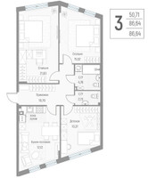 Планировка трехкомнатной(квартира) площадью 86.4 квадратных метров в “ЖК Эльйон”