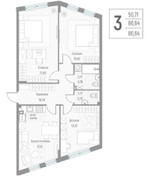 Планировка трехкомнатной(квартира) площадью 86.4 квадратных метров в ЖК “ЖК Эльйон”