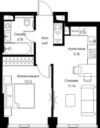 Планировка однокомнатной(квартира) площадью 39.27 квадратных метров в ЖК “ЖК Сити Бэй”