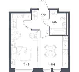 Планировка однокомнатной(квартира) площадью 34.58 квадратных метров в ЖК “ЖК Квартал Ивакино”