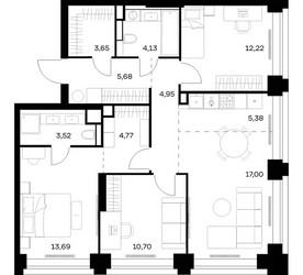 Планировка трехкомнатной(квартира) площадью 85.69 квадратных метров в ЖК “ЖК НОВА”