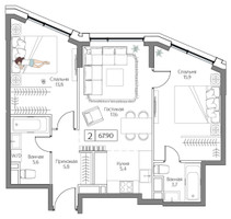 Планировка двухкомнатной(квартира) площадью 67 квадратных метров в “ЖК Дрим Рива”