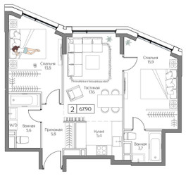 Планировка двухкомнатной(квартира) площадью 67 квадратных метров в ЖК “ЖК Дрим Рива”