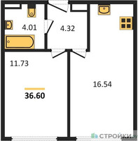 Планировка однокомнатной(апартаменты) площадью 36.6 квадратных метров в “ЖК Движение. Говорово”