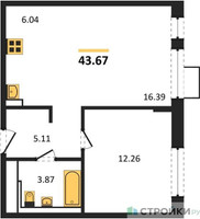 Планировка однокомнатной(квартира) площадью 43.67 квадратных метров в “ЖК Пригород Лесное”
